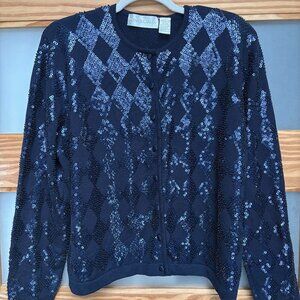 New! Dana Buchman Sweater Diamond Sequin 100% Extra Fine Marino wool Navy.